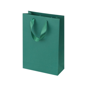 Dark green paper bags with satin ribbon handles