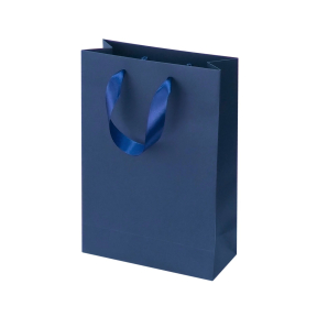 Dark blue paper bags with satin ribbon handles