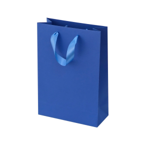 Blue paper bags with satin ribbon handles