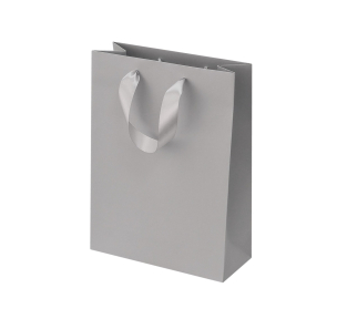Light gray paper bags with satin ribbon handles