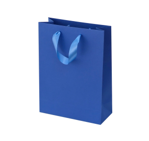 Blue paper bags with satin ribbon handles